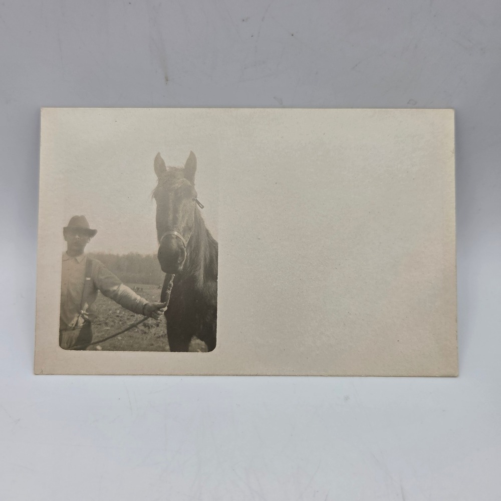 Vintage AZO Real Photo Postcard Man with Horse Rural Farm Scene Sepia RPPC